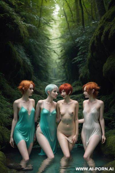 Naked elf woman swimming in the forest while three other naked elf womans watch - ai-porn.ai on pornsimulated.com