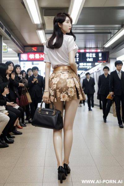 A very tall0 years old korean woman who wearing a short floral printed satin skirt when wind blowing the skirt lifted up and expose her white g string panty with camel toe clearly in the crowed subway - ai-porn.ai - North Korea on pornsimulated.com