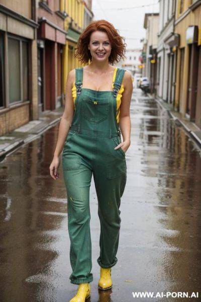 (reporter), (yellow cotton wet jumpsuit overall), (utility belt), (short reddish brown hair), (cleavage), (braless) - ai-porn.ai on pornsimulated.com