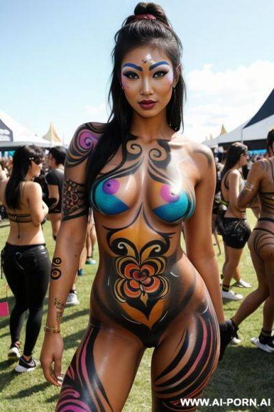 Woman adult asian tan athletic big thighs, wearning body paint, with other womans, at edm festival. covered in body paint, body paint tattos, tribal colorful tattoos - ai-porn.ai on pornsimulated.com