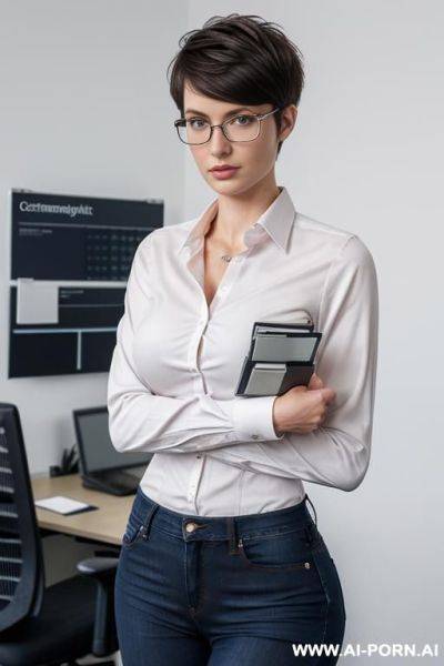 Short hair, pixiecut, german, nerdy short, slender, fit, jeans, shirt, office - ai-porn.ai - Germany on pornsimulated.com