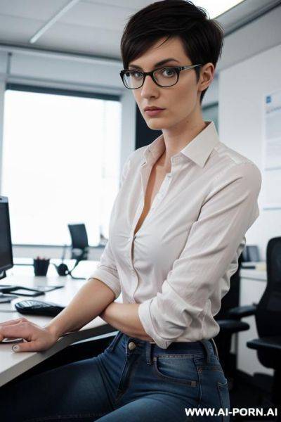 Short, pixiecut, german, nerd, slender, fit, jeans, shirt, office - ai-porn.ai - Germany on pornsimulated.com