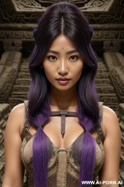 Closeup, tanned skin colour, flowing hairdo, purple hair with black highlights, wild angel, - ai-porn.ai on pornsimulated.com