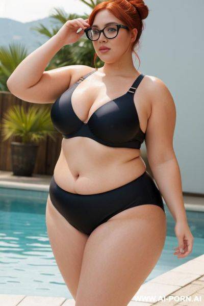 Plus size woman, 20 years old chubby, so chubby and super curvy, bright red hair bun, wearing round eye glasses, wet from sweat, breasts super heavy, saggy boobs, wearing tight single piece - ai-porn.ai on pornsimulated.com