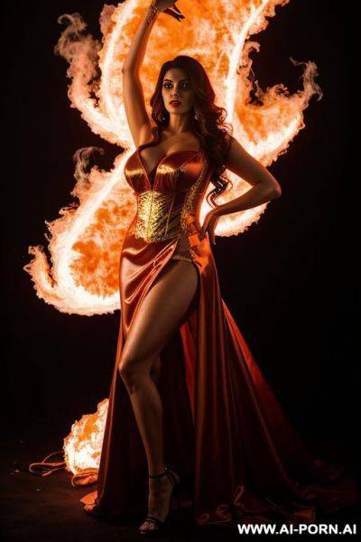 The image depicts a woman dressed in an costume standing in front of a fiery cloud background. - ai-porn.ai on pornsimulated.com