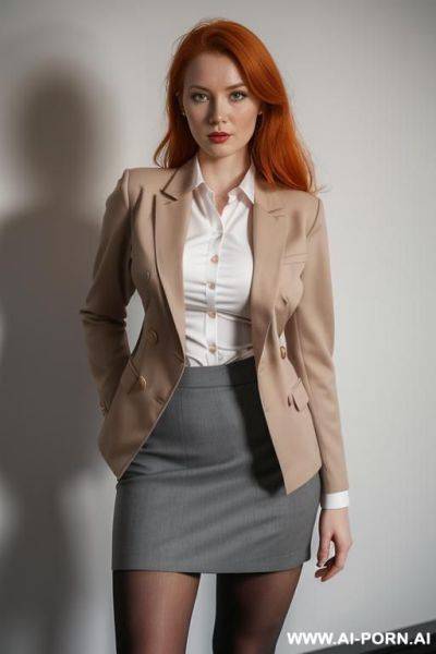 Massive boobs, short twill double breasted blazer, office shirt, tie, pencil skirt, tights, scandinavian, tight stedess uniform - ai-porn.ai on pornsimulated.com