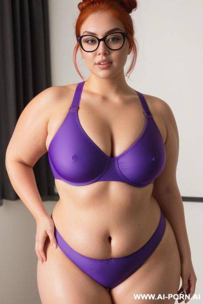 Bbw woman, 20 years old, so chubby, so chubby with lovehandless, bright red hair bun, wearing round eye glasses, wet from sweat, breasts super heavy, saggy boobs, wearing tight single piece - ai-porn.ai on pornsimulated.com