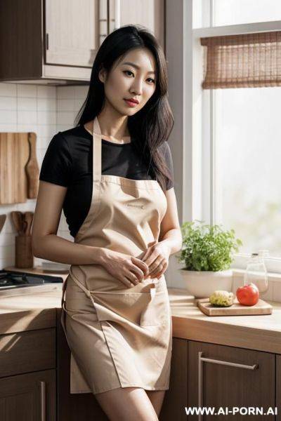 Asian woman, ((detailed face)), (no make up), naked, wearing an apron, in a kitchen, , (photorealistic) - ai-porn.ai on pornsimulated.com