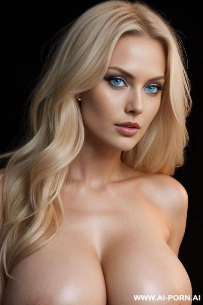 Sexy finnish, (((naked))), woman (((enormous boobs))), miss universe model, blue eyes, triangular face, lustful gaze, pointed chin, blonde hair, long and wavy, black background - ai-porn.ai - Finland on pornsimulated.com