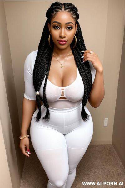 Full body brownskin 30 year old woman big lips long lashes very pretty with long box braids nose ring she is very curvy working out her clothes are wet - ai-porn.ai on pornsimulated.com