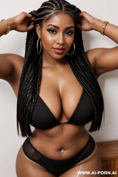 Lots of detail realistic full body brownskin 30 year old woman big lips long lashes very pretty with long box braids nose ring she is very curvy working out her clothes are wet - ai-porn.ai on pornsimulated.com