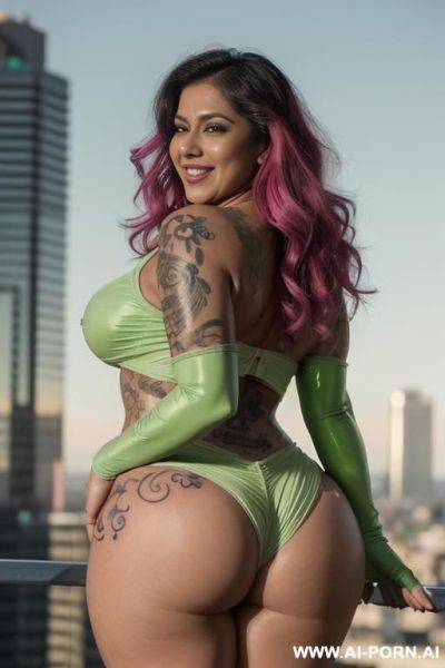 (a super sexy super hero with big boobs bent over showing her ass on top of a building in full body view), ((green & pink super hero suit)), (((very soft face and curvy hips))), k - ai-porn.ai on pornsimulated.com