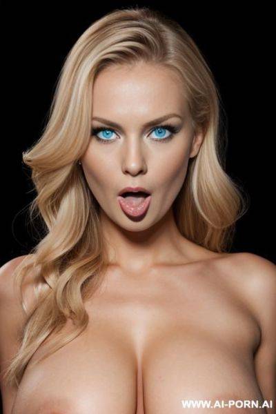 Sexy finnish, (((naked))), woman (((enormous boobs))), miss universe model, blue eyes, triangular face, surprised, mouth opened, pointed chin, blonde hair wavy, black background - ai-porn.ai - Finland on pornsimulated.com