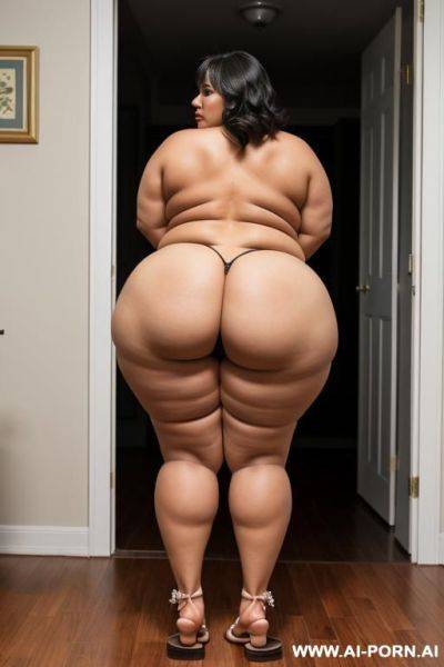 Bbw milf with huge fat ass, backview, standing up, full body in frame, wearing nog and but flip flops, tiptoeing, looking back to the camera - ai-porn.ai on pornsimulated.com