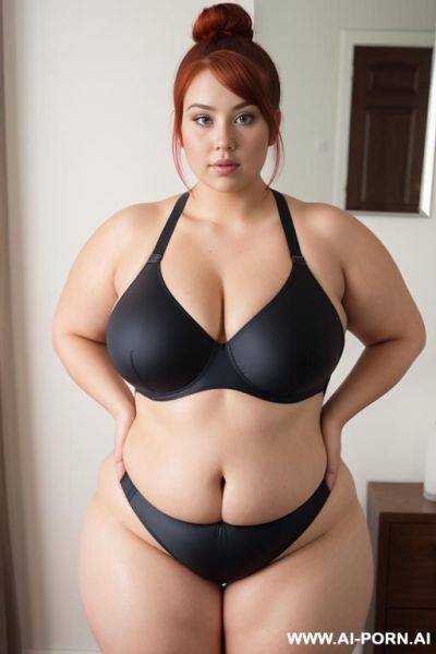 Bbw woman, 20 years old, so chubby, so chubby with lovehandless and tummy, bright red hair bun, wet from sweat, saggy boobs, wearing tight single piece swimsuit, swimsuit has push up bra - ai-porn.ai on pornsimulated.com