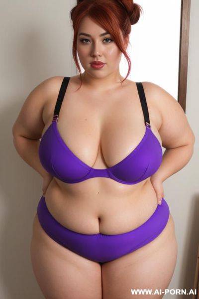 Bbw woman, 20 years old, so chubby, so chubby with lovehandless and tummy, bright red hair bun, wet from sweat, saggy boobs, wearing tight single piece purple swimsuit, swimsuit has push up - ai-porn.ai on pornsimulated.com