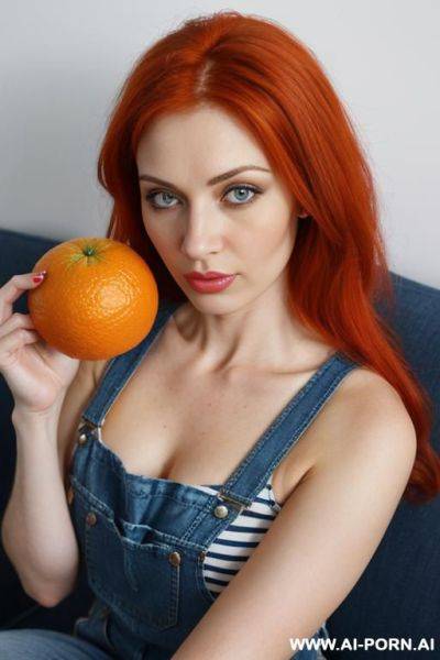 The image features a woman with red hair holding an orange. she is wearing a striped tank top and denim overalls.very very hairy pussy - ai-porn.ai on pornsimulated.com