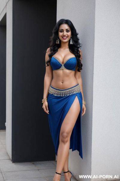 Indians, black hair, long curly hair, fit, abs, navel piercing, earrings, blue bra, blue skirt, tall, looking at camera, full body, stiletto, gy on ground - ai-porn.ai - India on pornsimulated.com