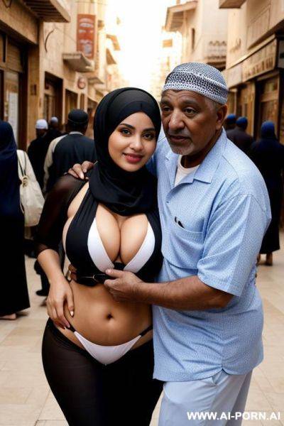 Curvy arabic busty wearing hijab and bikini hugged from two black grandpa in crowded street - ai-porn.ai on pornsimulated.com