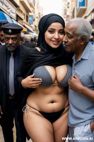 Curvy arabic busty wearing hijab and bikini hugged from black grandpa in crowded street - ai-porn.ai on pornsimulated.com