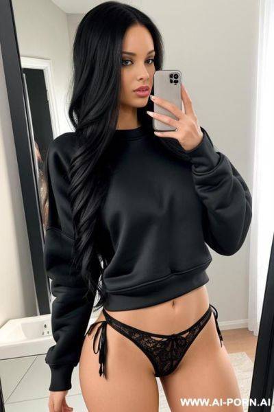 Woman long hair black thong sweatshirt assbselfie photo in the mirror - ai-porn.ai on pornsimulated.com