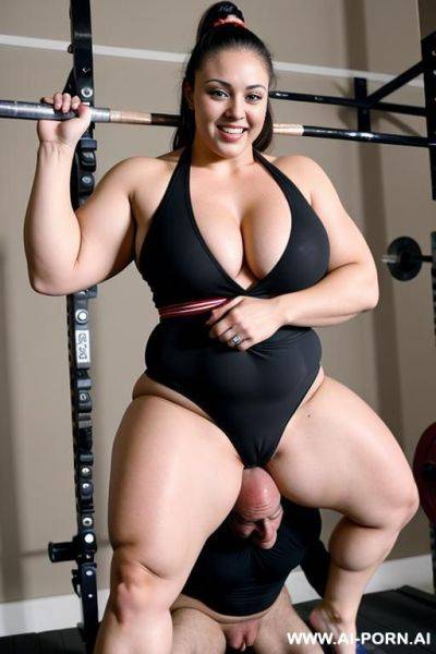 A caucasian thick women powerlifter who’s lifting a scrawny small guy up in the air and giving him a handjob - ai-porn.ai on pornsimulated.com