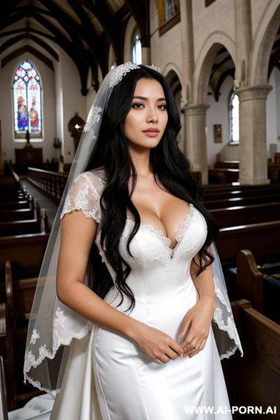 20 yeard old latina. long black hair, big tis, wearing a wedding dress with cleavage in a church - ai-porn.ai on pornsimulated.com