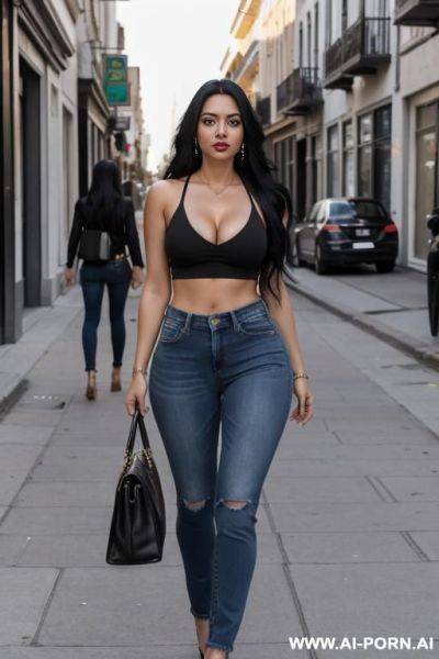 Latina woman. long black hair, big tis, wearing a crop topwith cleavage, and jeans, in the street - ai-porn.ai on pornsimulated.com