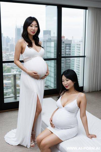 Two asian women, pregnant, wearing white dresses, in a penthouse, looking at the viewer, - ai-porn.ai on pornsimulated.com