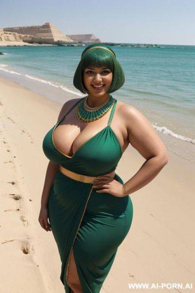 Egyptian queen wearing mintgreen dress, (bobcut hairstyle), (((massive huge breasts))), full body view, photorealistic, ((chubby woman)), ((wide hips)), beach, smiling, (hairband), (showing armpit) - ai-porn.ai - Egypt on pornsimulated.com