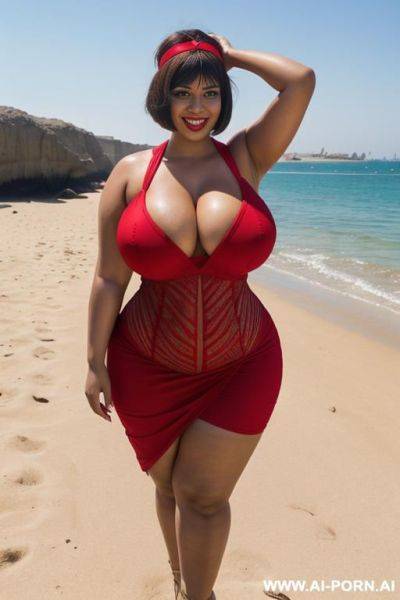 Egyptian queen wearing red dress, (bobcut hairstyle), (((massive huge breasts))), full body view, photorealistic, ((chubby woman)), ((wide hips)), beach, smiling, (hairband), (showing armpit) - ai-porn.ai - Egypt on pornsimulated.com