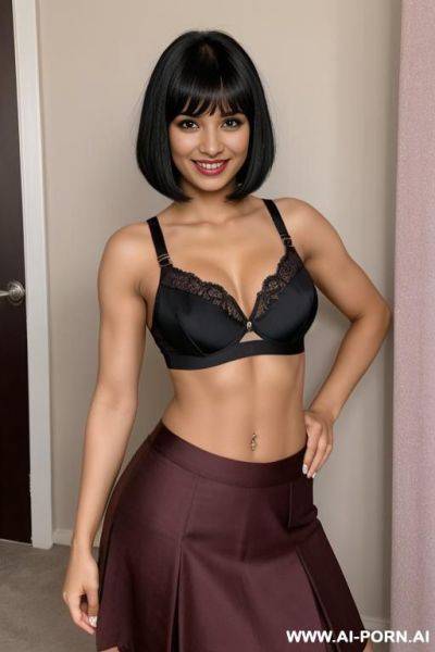 Indians, black hair, short straight hair, bangs, abs, fit, navel piercing, big ass, burgundy bra, burgundy skirt, looking at camera, tall, full body - ai-porn.ai - India on pornsimulated.com