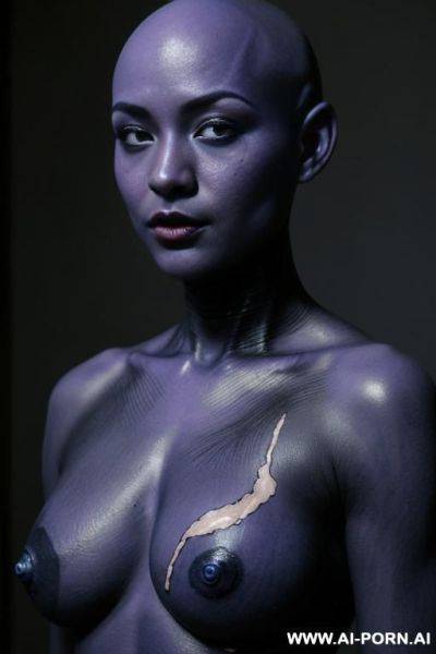 Black paint covered, black painted skin, black oil covered, bald head, violet eyes, naked - ai-porn.ai on pornsimulated.com