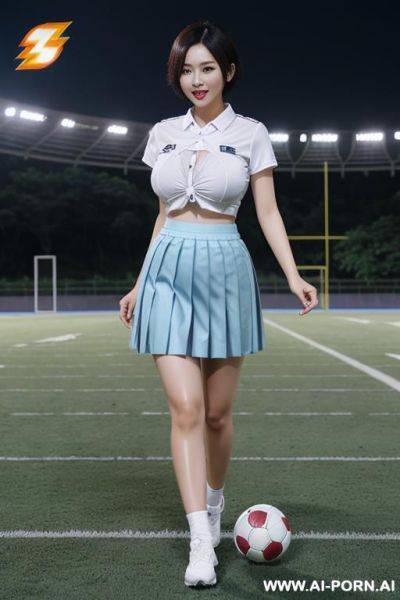 Thailand, chinese woman ((big boobs)) short bob hair running playing football white shirt (((blue pleated skirt))) showing ass ((ass flash)) showing ass outdoors football field - ai-porn.ai - China on pornsimulated.com