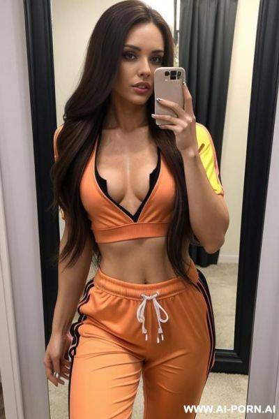 Woman long hair short tracksuits sports top selfie photo in the mirror - ai-porn.ai on pornsimulated.com