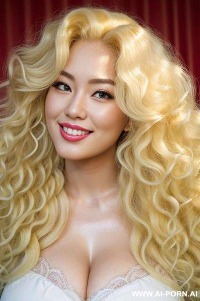 Detailed super realistic blonde curvy chinese pin-up model with beautiful long thick fluffy curly hair, fluffy curly hair, thick full-bodied curly hair, beautiful bouncy blonde curls, giant fluffy - ai-porn.ai - China on pornsimulated.com