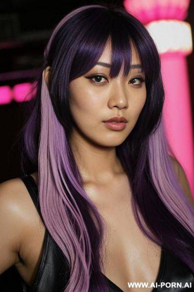 Closeup, tanned skin colour, flowing hairdo, purple hair with black highlights, stalt escort, - ai-porn.ai on pornsimulated.com