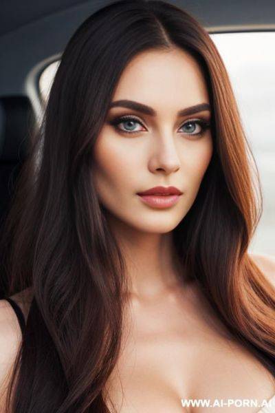 Beautiful model, perfect face, round face, full lips, huge eyes, nose, long feathered hair, - ai-porn.ai on pornsimulated.com