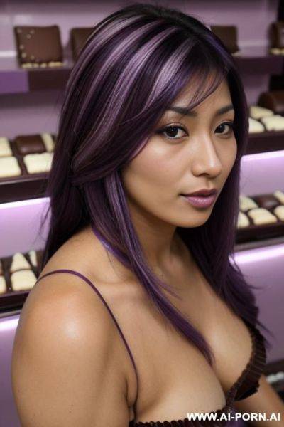 Closeup, tanned skin colour, flowing hairdo, purple hair with black highlights, milf escort, enormous milkers, - ai-porn.ai on pornsimulated.com