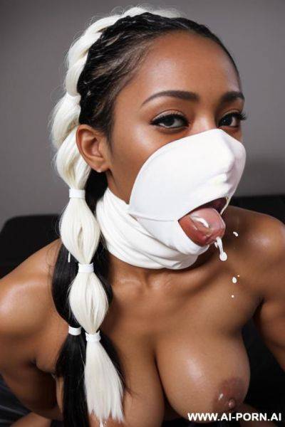 Cock deep throat in mouth, face covered with white sperm, white cum dripping from tits, white cum dripping from face, black braided hair - ai-porn.ai on pornsimulated.com