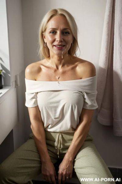 Aunt, white, blonde and black clothes , green t shirt, médium breasts - ai-porn.ai on pornsimulated.com