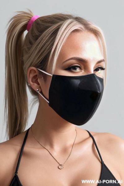 Blond ponytail 20 year old woman, with a mask made of duct tape, not covering the nose - ai-porn.ai on pornsimulated.com