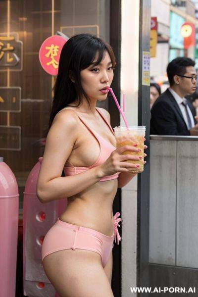 A slutty asian woman drinks bubble tea with a straw. - ai-porn.ai on pornsimulated.com