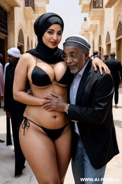 Curvy arabic busty wearing hijab and bikini hugged from black grandpa in crowded street - ai-porn.ai on pornsimulated.com