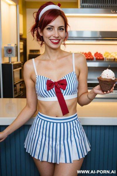 Woman, messy shoulder-length light brown hair, 10s sailor uniform, blue and white stripes, red ribbon, scoops ahoy, ice cream counter, 0s mall, quirky smile, bright lights, nsfw, nude - ai-porn.ai on pornsimulated.com