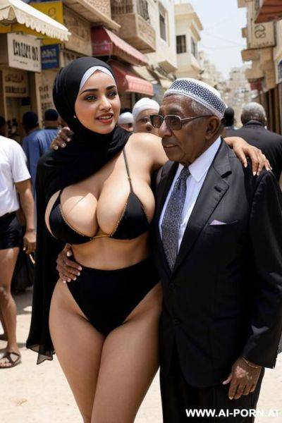 Curvy arabic busty wearing hijab and bikini hugged from two black grandpas in crowded street - ai-porn.ai on pornsimulated.com