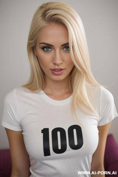 20 year old blond wearing t shirt. t shirt has i swallow printed on it. - ai-porn.ai on pornsimulated.com