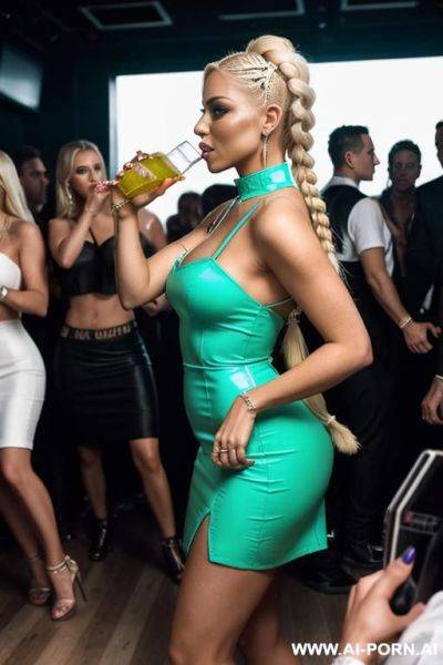 Two-tone tail braids, blonde. european. standing. in the club on the dancefloor. wear white short sun dress. wearing high heels. shocked face, heavy makeup, green eyes. people dancing in background. taking a drink with a guy - ai-porn.ai on pornsimulated.com