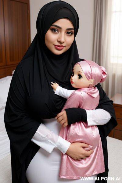 Curvy arabic busty wearing hijab and colored doll hugged from black grandpa in bedroom - ai-porn.ai on pornsimulated.com