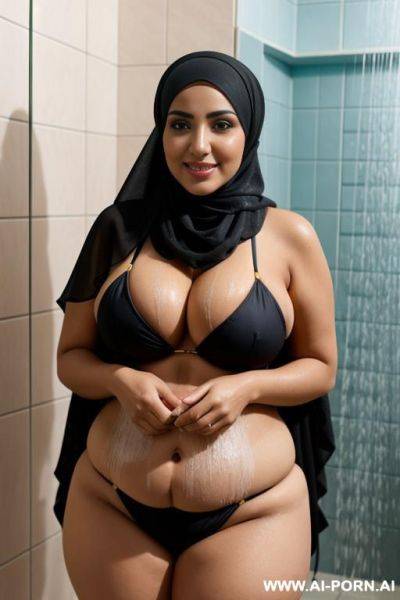 Curvy arabic busty wearing hijab and colored bikini hugged from black grandpa in shower - ai-porn.ai on pornsimulated.com